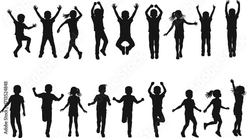 Jumping and running children silhouettes, playful kids vector illustration, black and white design for school, playground, childhood, happiness, activity, and lifestyle themes