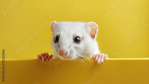A white ferret peeks over a yellow surface, displaying its paws and claws. The background is also yellow. AI.
