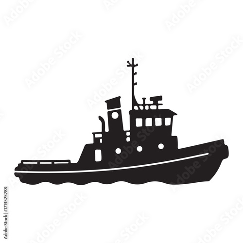 Silhouette of a Tugboat on White Background Marine Vessel Transportation Icon Simple Design