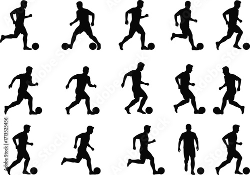 Silhouette soccer players running, dribbling and controlling football isolated on white background, sports vector illustration, athletic movement, football training graphic elements