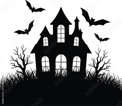 Haunted house silhouette with flying bats and bare trees