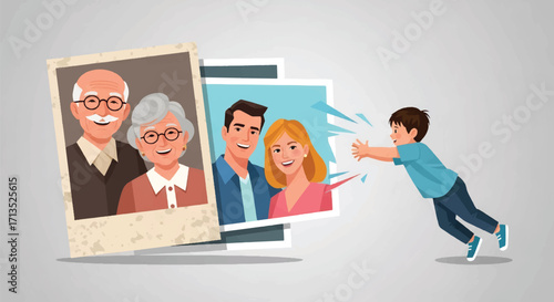 Adobe illustrator artwork vector illustration. A joyful boy reaches out to two fading family photos, one of grandparents and one of parents, symbolizing memories or connection