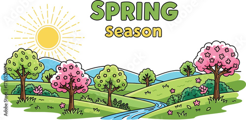 A cheerful spring season landscape with rolling hills, blooming trees, and a bright sun