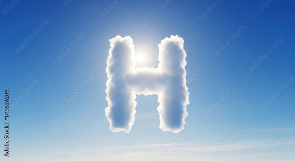Fototapeta premium Letter H Cloud Shape Against Blue Sky with Bright Sun