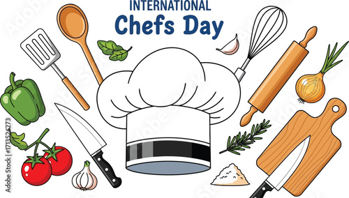 A culinary celebration of international chefs day with kitchen utensils and fresh ingredients