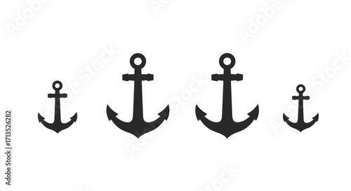 Four nautical anchors of varying sizes symbolizing maritime adventure and stability vector