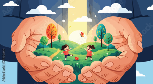Adobe illustrator artwork vector illustration. Large hands cradle a green hill where two happy children play under a sunrise, symbolizing protection and hope for the future. Vector
