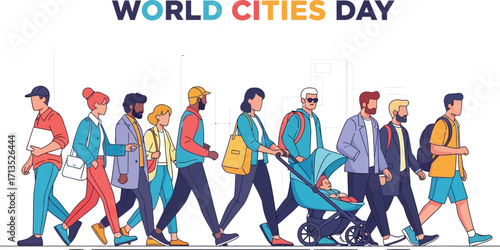 Diverse group of people walking to celebrate world cities day vector illustration design