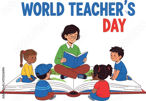 Teacher reading a book to children to celebrate world teachers day vector illustration design