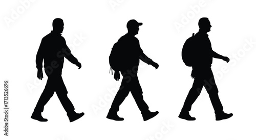 Silhouettes of three diverse men walking with backpacks in a dynamic procession outdoors vector