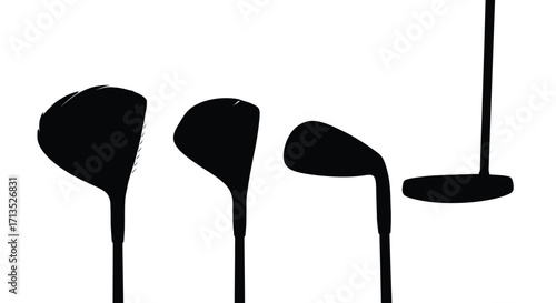 Collection of golf clubs showing different heads driver iron wedge and putter silhouetted vector