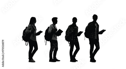Diverse student group silhouettes walking and holding books for educational concept vector