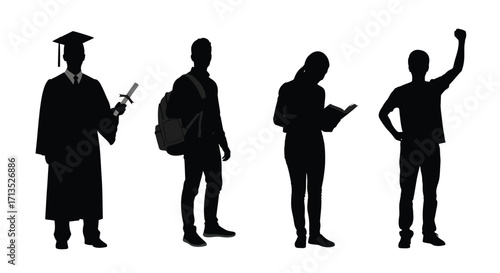 Diverse students silhouette collection celebrating graduation and learning achievements vector