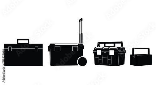 Diverse collection of durable black toolboxes and rolling coolers for storage and transport vector