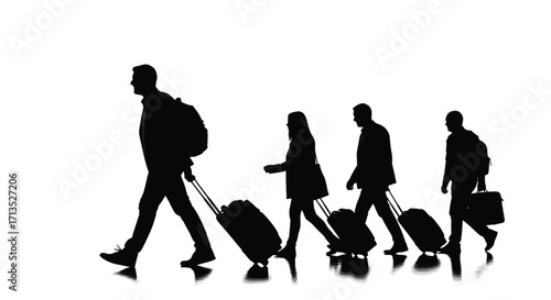 Silhouettes of travelers with rolling suitcases walking in a line on a bright white surface vector