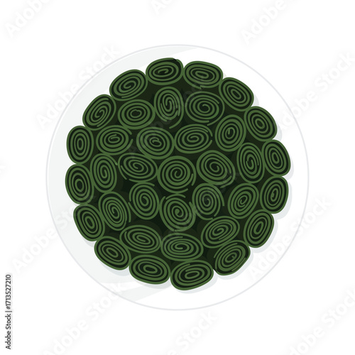 Healthy green spirulina rolls arranged neatly on a white plate from a top-down perspective, showcasing a vibrant and nutritious snack