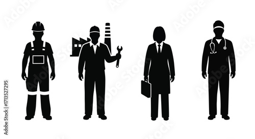 Diverse group of silhouetted professionals representing industry technology and business occupations vector