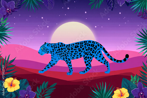 Vibrant blue jaguar roaming through a mystical jungle at sunset