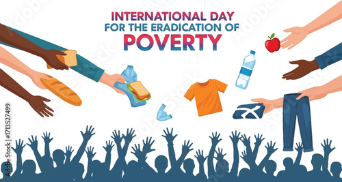 International day for eradication of poverty illustration hands offering food, clothing, and water to uplift those in need