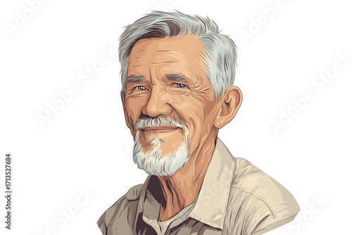 Portrait of a smiling senior man with white hair and beard in vector art style on transparent background