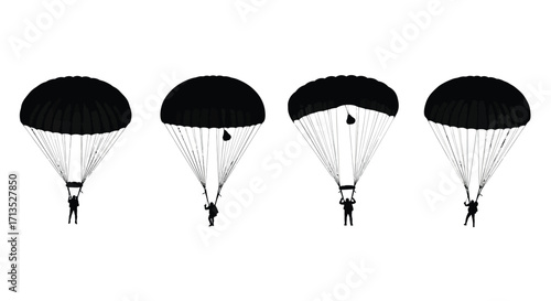 Four parachutists descending with parachutes deployed in sequence showing different stages of descent vector