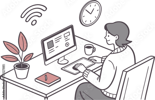 Vector flat style illustration remote working with laptop coffee
