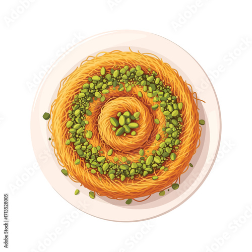 Exquisite golden shredded pastry dessert, generously adorned with vibrant green pistachios, offering a delightful and crispy sweet treat on a white plate, perfect for festive occasions