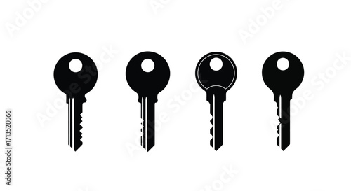 Four black house keys lined up with unique serrations symbolizing security and access vector