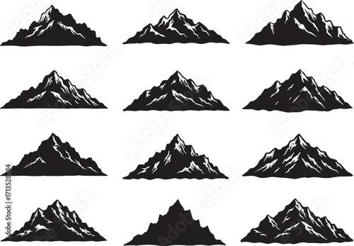 Silhouette mountain peaks in different styles isolated on white background, outdoor nature illustration, adventure landscape, alpine summit, climbing, hiking vector graphic elements