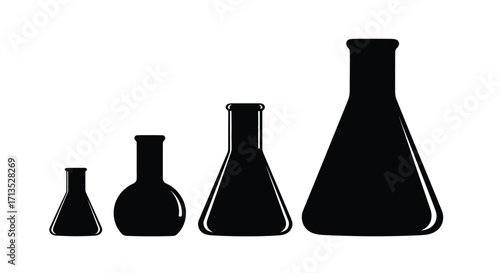 Four black glass laboratory flasks in graduated sizes showing scientific research and chemistry vector