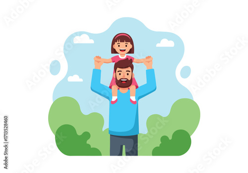 Adobe illustrator artwork vector illustration. A joyful father giving his girl a piggyback ride, celebrating their special bond amidst a serene park and distant city skyline.