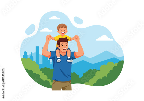 Adobe illustrator artwork vector illustration. A joyful father giving his son a piggyback ride, celebrating their special bond amidst a serene park and distant city skyline.