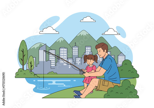Adobe illustrator artwork vector illustration. A father and daughter calmly fishing by a pond, enjoying a peaceful outdoor activity with a cityscape and mountains in the background