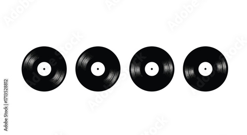 Four vintage vinyl records arranged in a row showcasing retro music and classic sound equipment vector