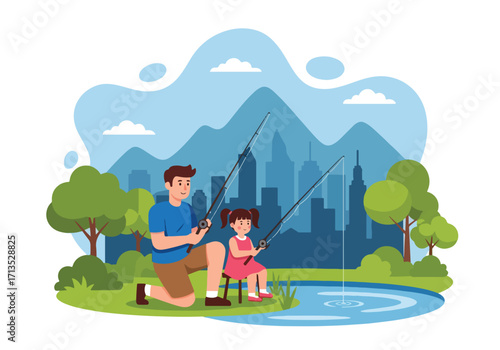 Adobe illustrator artwork vector illustration. A father and daughter calmly fishing by a pond, enjoying a peaceful outdoor activity with a cityscape and mountains in the background