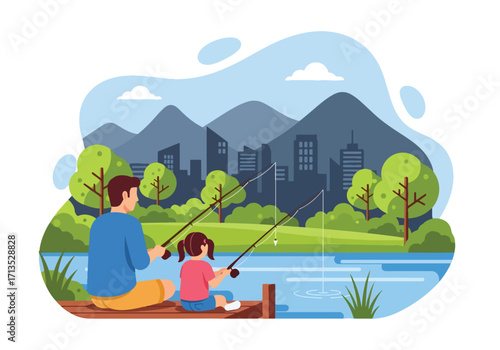 Adobe illustrator artwork vector illustration. A father and daughter calmly fishing by a pond, enjoying a peaceful outdoor activity with a cityscape and mountains in the background