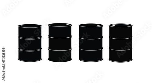 Four black oil barrels standing together industrial storage containers representing energy resources vector