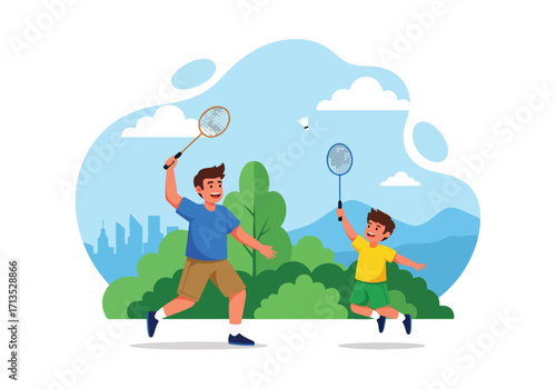 Adobe illustrator artwork vector illustration. A father and son happily playing badminton outdoors, sharing an active and fun family moment with a scenic city and mountain backdrop