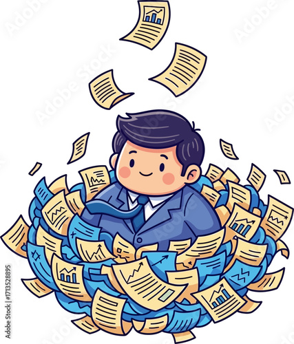 businessman submerged in a sea of documents drowning in success, isolated on transparent background
