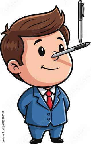 businessmans balancing act a pen on his nose, isolated on transparent background