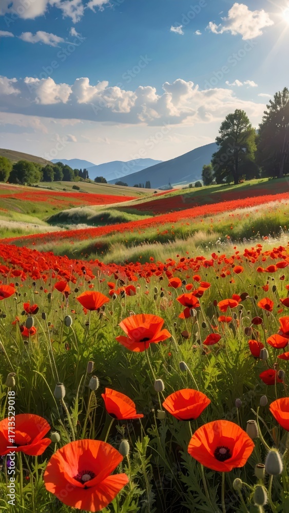Fototapeta premium Vibrant Red Poppy Fields Under Bright Blue Sky with Mountains