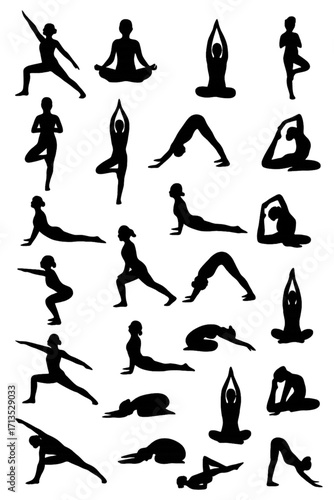 More than twenty different yoga poses drawn in separate black shadows.
