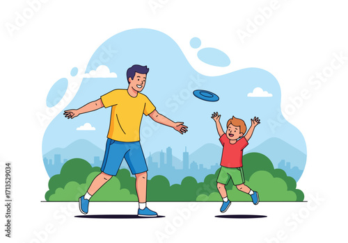 Adobe illustrator artwork vector illustration. A father and son cheerfully playing frisbee outdoors, enjoying active family fun with a cityscape and mountains in the background