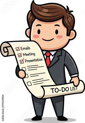 cartoon businessmans daily checklist conquering tasks with a smile, isolated on transparent background