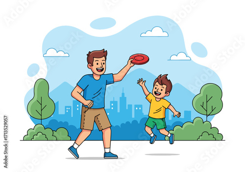 Adobe illustrator artwork vector illustration. A father and son cheerfully playing frisbee outdoors, enjoying active family fun with a cityscape and mountains in the background