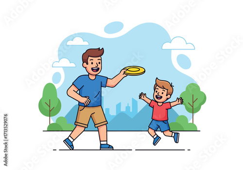 Adobe illustrator artwork vector illustration. A father and son cheerfully playing frisbee outdoors, enjoying active family fun with a cityscape and mountains in the background