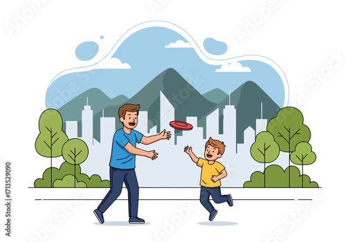 Adobe illustrator artwork vector illustration. A father and son cheerfully playing frisbee outdoors, enjoying active family fun with a cityscape and mountains in the background
