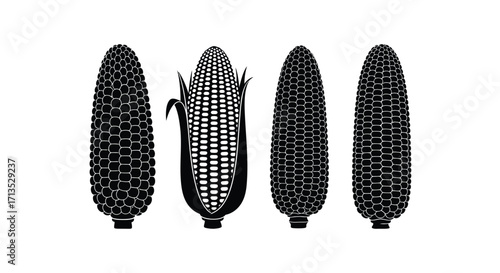 Four ears of corn in a row stylized black and white graphic design element vector