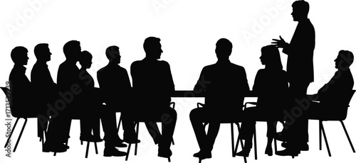 Business team meeting, office people collaboration, corporate discussion table, manager presenting strategy, teamwork brainstorming session, silhouette professional group