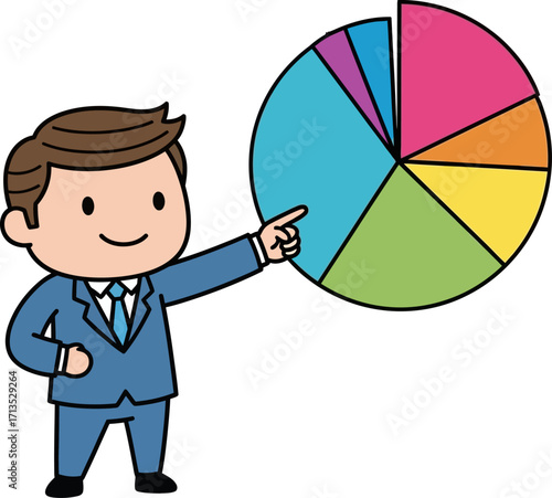 confident businessman presenting colorful pie chart data analysis success, isolated on transparent background
